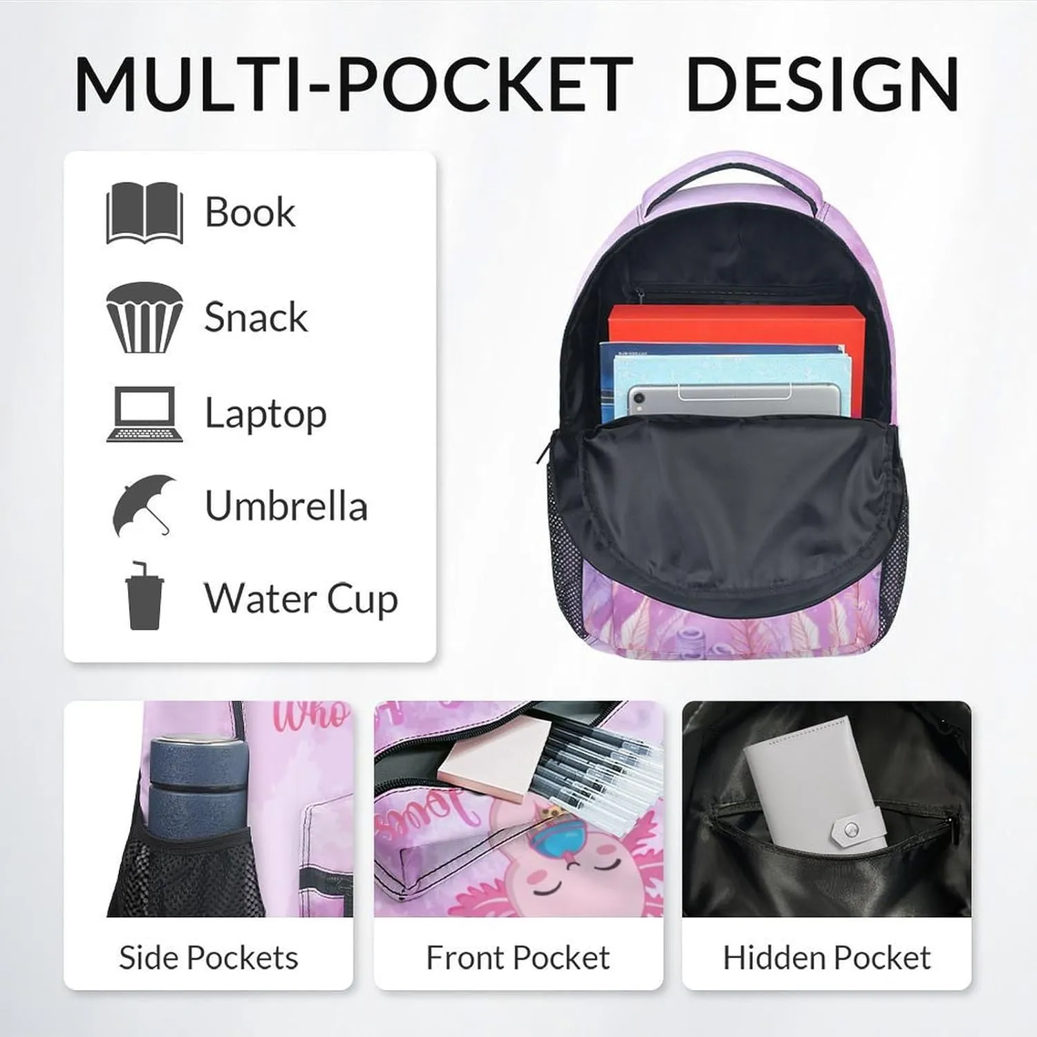 Kids Backpack with Lunch Box - Cute Axolotl Preppy Backpack for School - Lightweight Pink Backpacks for Girls
