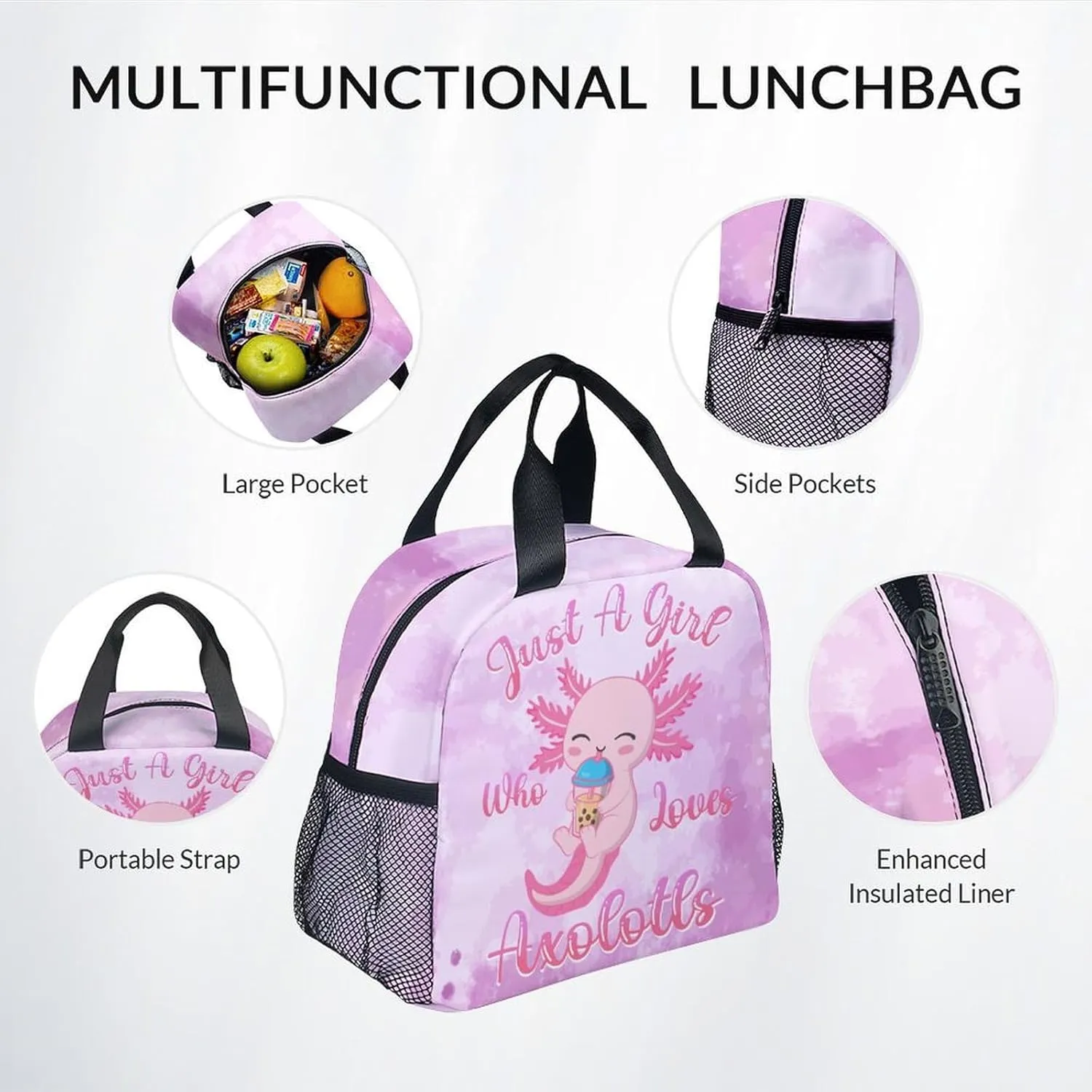 Kids Backpack with Lunch Box - Cute Axolotl Preppy Backpack for School - Lightweight Pink Backpacks for Girls