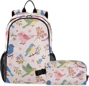 Kids Backpack with Lunch Box for Girls Boys Cute Songbirds Lightweight Backpacks School Bookbags for Young Elementary Students