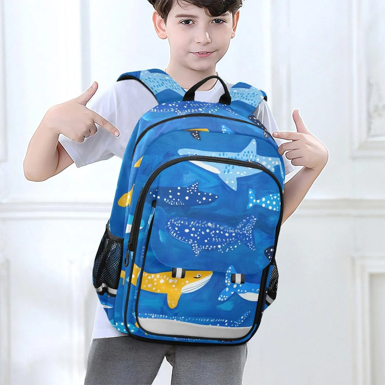 Kids Backpacks for Girls Boys Teens Elementary School Backpack Bookbag for Outdoor Travel Whale Sharks Naive Art