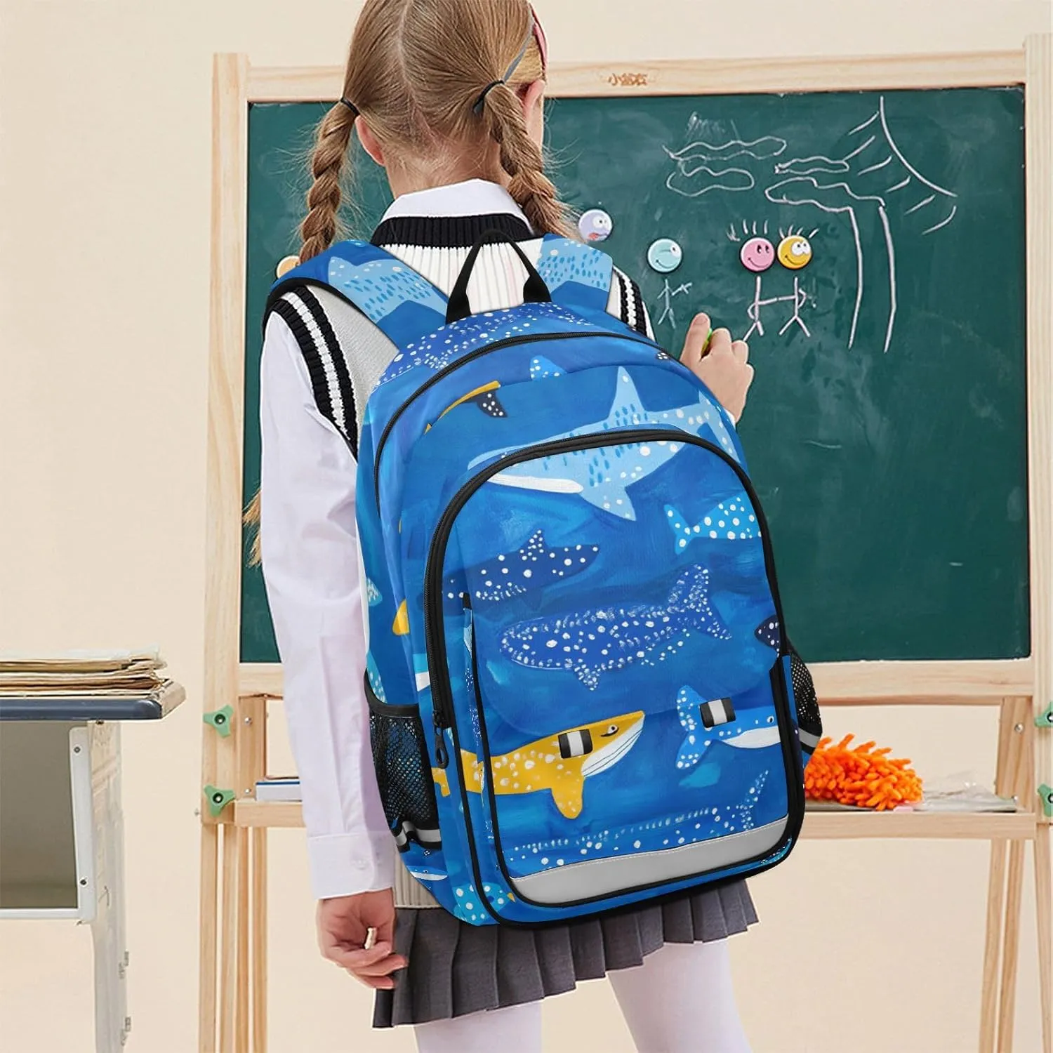 Kids Backpacks for Girls Boys Teens Elementary School Backpack Bookbag for Outdoor Travel Whale Sharks Naive Art