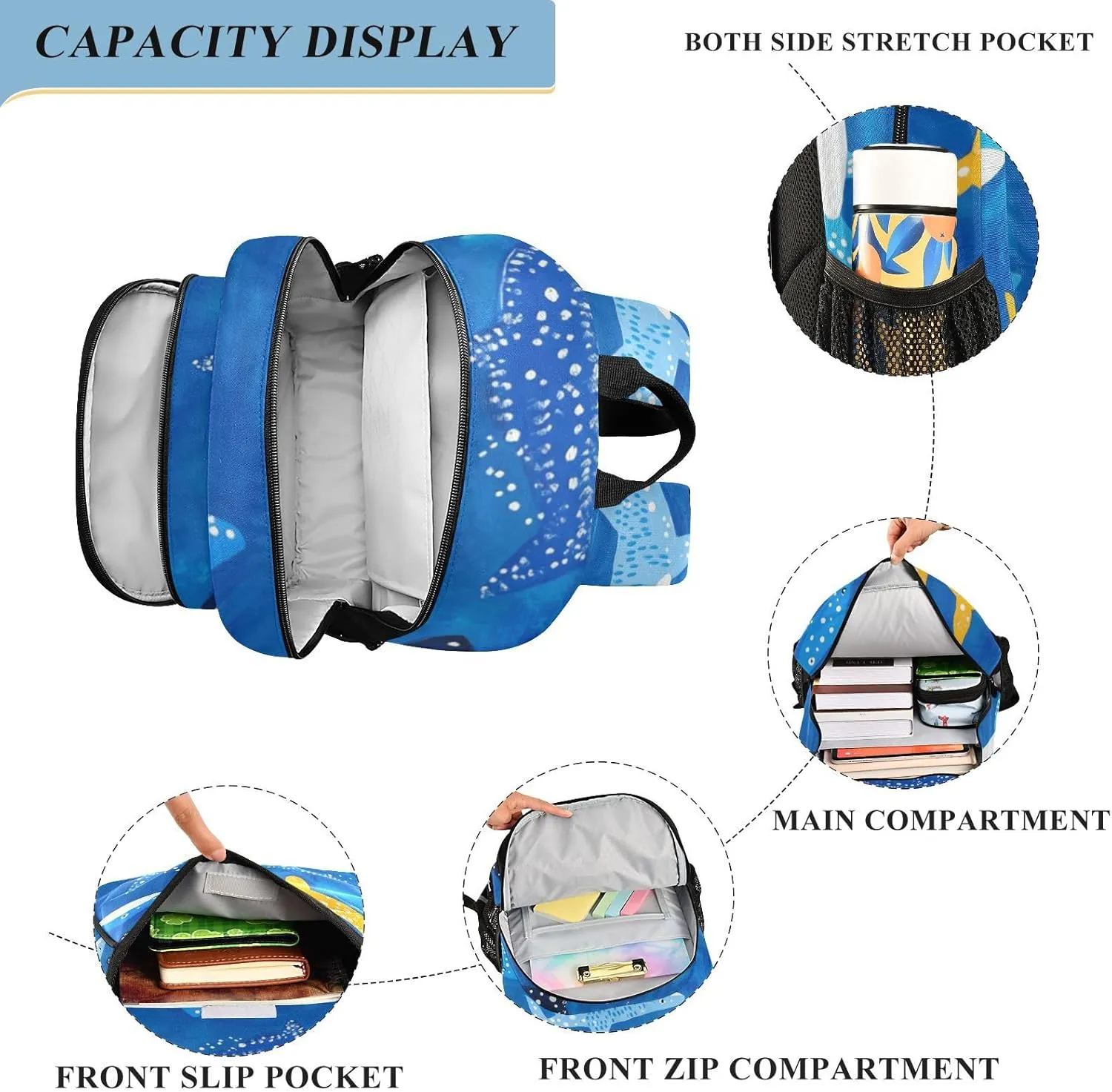 Kids Backpacks for Girls Boys Teens Elementary School Backpack Bookbag for Outdoor Travel Whale Sharks Naive Art