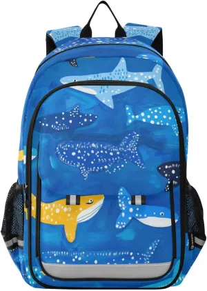 Kids Backpacks for Girls Boys Teens Elementary School Backpack Bookbag for Outdoor Travel Whale Sharks Naive Art