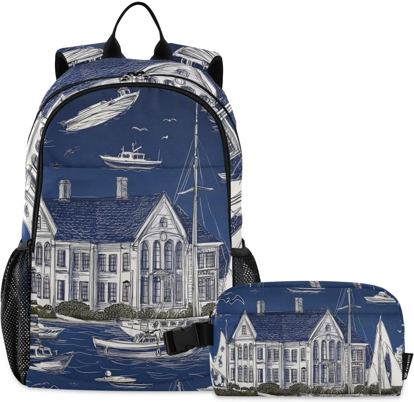 Kids Backpacks Set Ship Ocean Blue Wharf Boys Girls Backpack with Lunch Bag Toddler Bookbag