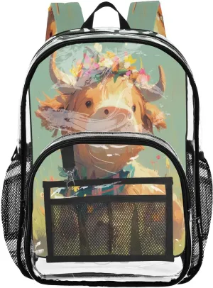 Kids Clear Backpacks For School Clear Backpack For School For Teen Girls Transparent Seethrough Heavy Duty Bag Highland Calf with A Flower Crown in A Grassy Field