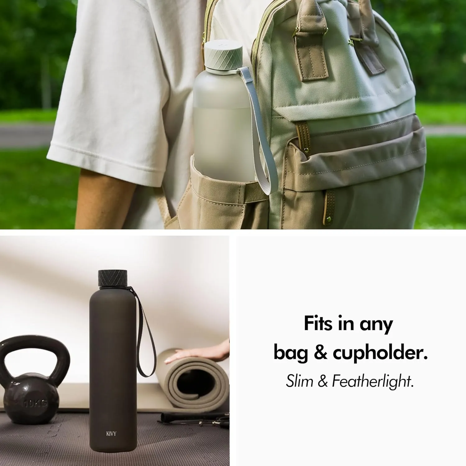 KIVY Slim Water Bottle 32oz [Lightweight & Shatterproof] Fits Backpack & Cupholder for Travel, Sports, School, Gym - Black water bottle no straw - Mens water bottle screw top - Dishwasher Safe