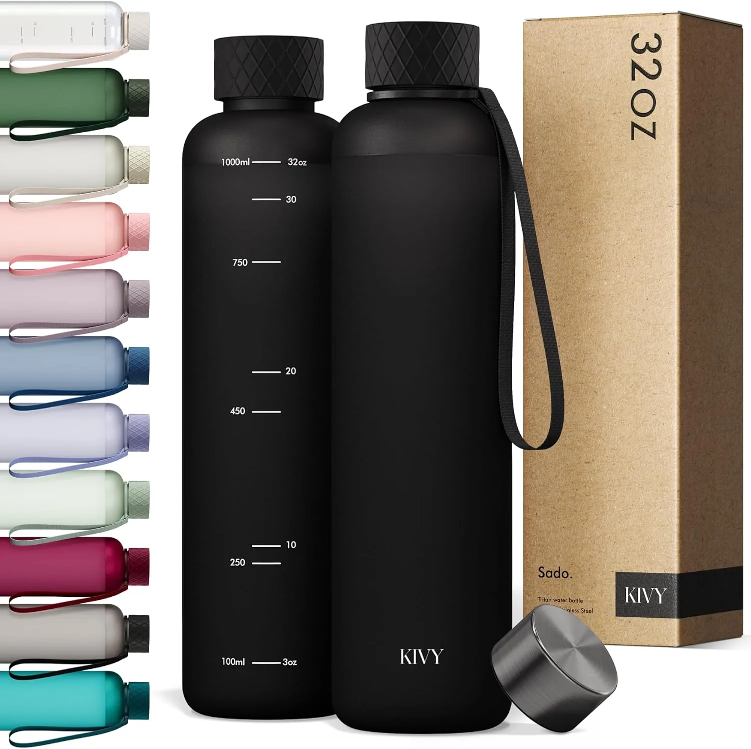 KIVY Slim Water Bottle 32oz [Lightweight & Shatterproof] Fits Backpack & Cupholder for Travel, Sports, School, Gym - Black water bottle no straw - Mens water bottle screw top - Dishwasher Safe