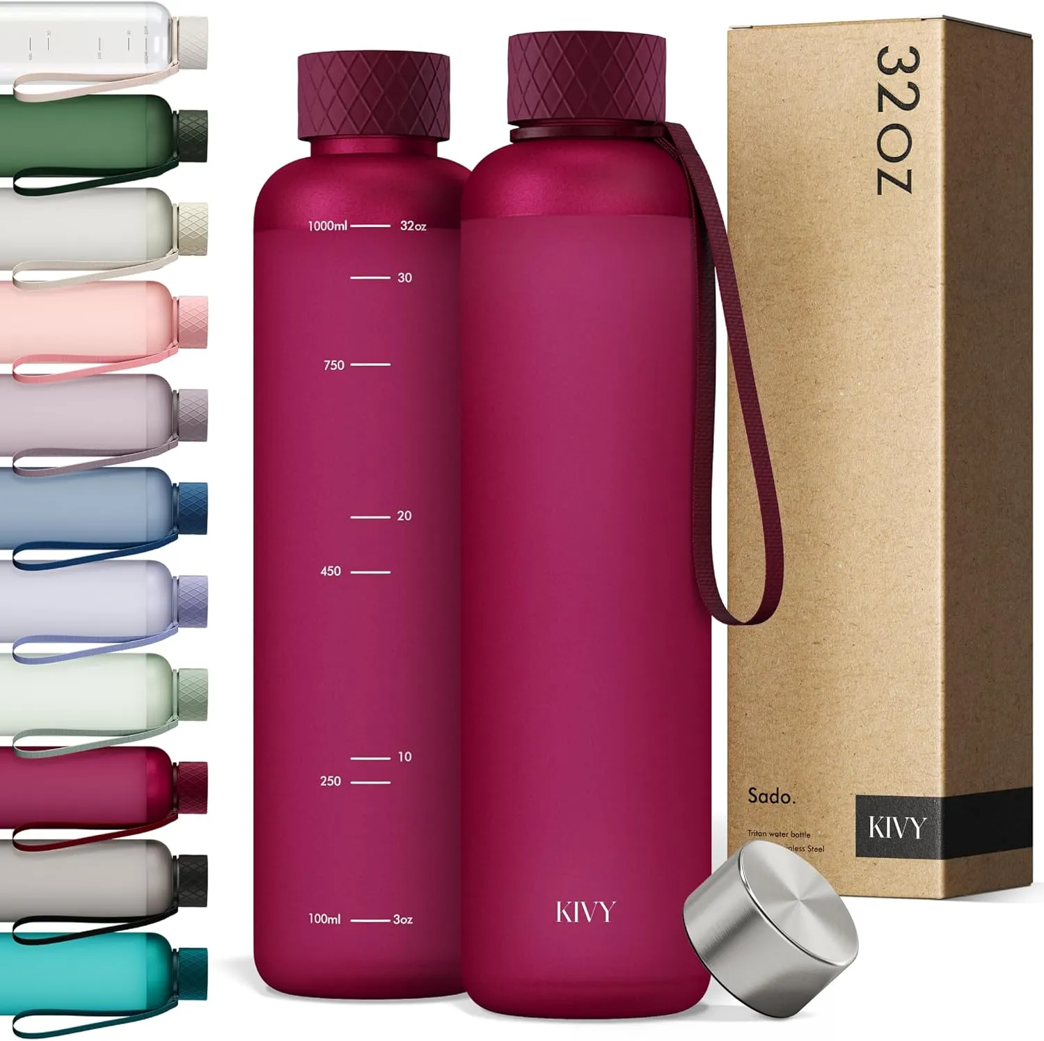 KIVY Slim Water Bottle 32oz [Lightweight & Shatterproof] Fits Backpack & Cupholder for Travel, Sports, School, Gym - Frosted red bottle no straw - Gym water bottle screw top - Dishwasher Safe