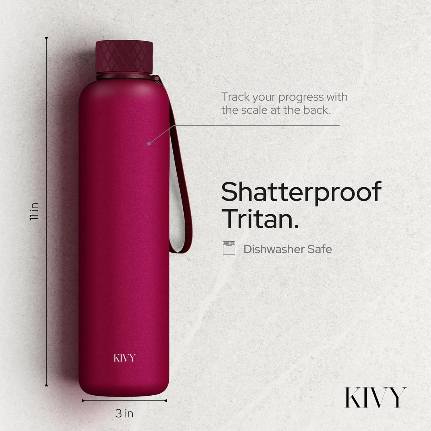 KIVY Slim Water Bottle 32oz [Lightweight & Shatterproof] Fits Backpack & Cupholder for Travel, Sports, School, Gym - Frosted red bottle no straw - Gym water bottle screw top - Dishwasher Safe