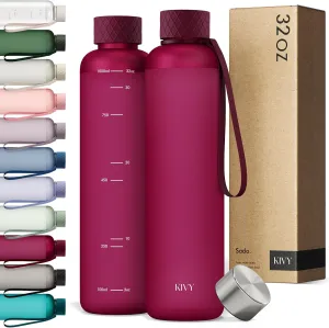 KIVY Slim Water Bottle 32oz [Lightweight & Shatterproof] Fits Backpack & Cupholder for Travel, Sports, School, Gym - Frosted red bottle no straw - Gym water bottle screw top - Dishwasher Safe