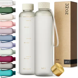 KIVY Slim Water Bottle 32oz [Lightweight & Shatterproof] Fits Cupholder & Backpack - Dishwasher safe water bottle no straw - Cute aesthetic water bottles screw top - Bpa free, Gold, White water bottle