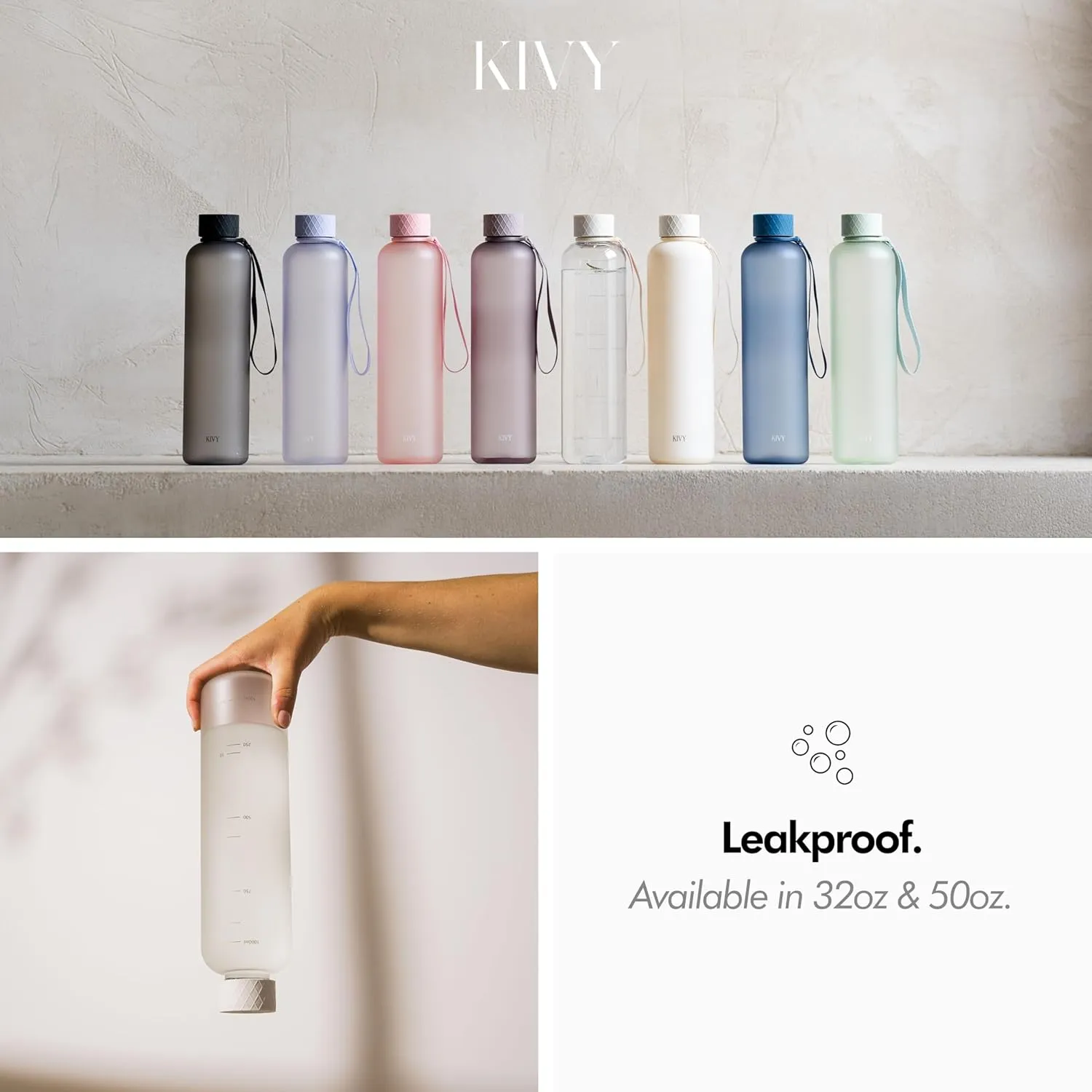 KIVY Slim Water Bottle 32oz [Lightweight & Shatterproof] Fits Cupholder & Backpack - Dishwasher safe water bottle no straw - Cute aesthetic water bottles screw top - Bpa free, Gold, White water bottle