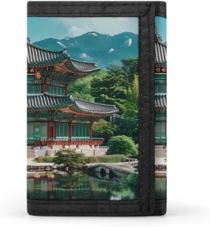 Korean Architecture Palace of Koreas Trifold Wallet Portable Slim Purse Card Holder with Zip Pocket for Men Women
