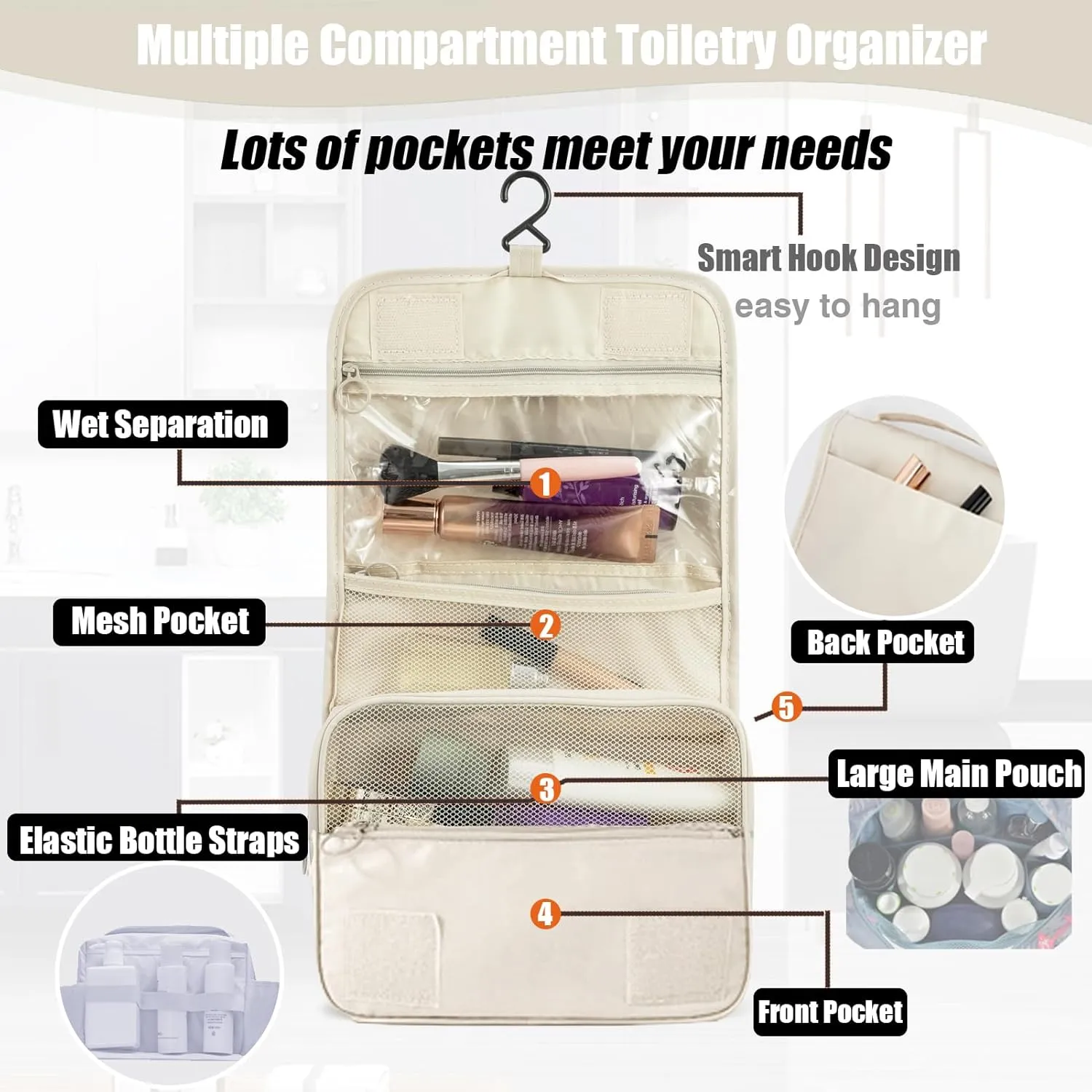 L&FY Hanging Travel Toiletry Bag Women's Cosmetic Organizer Makeup Pouch Men's Dopp Kits With Handle