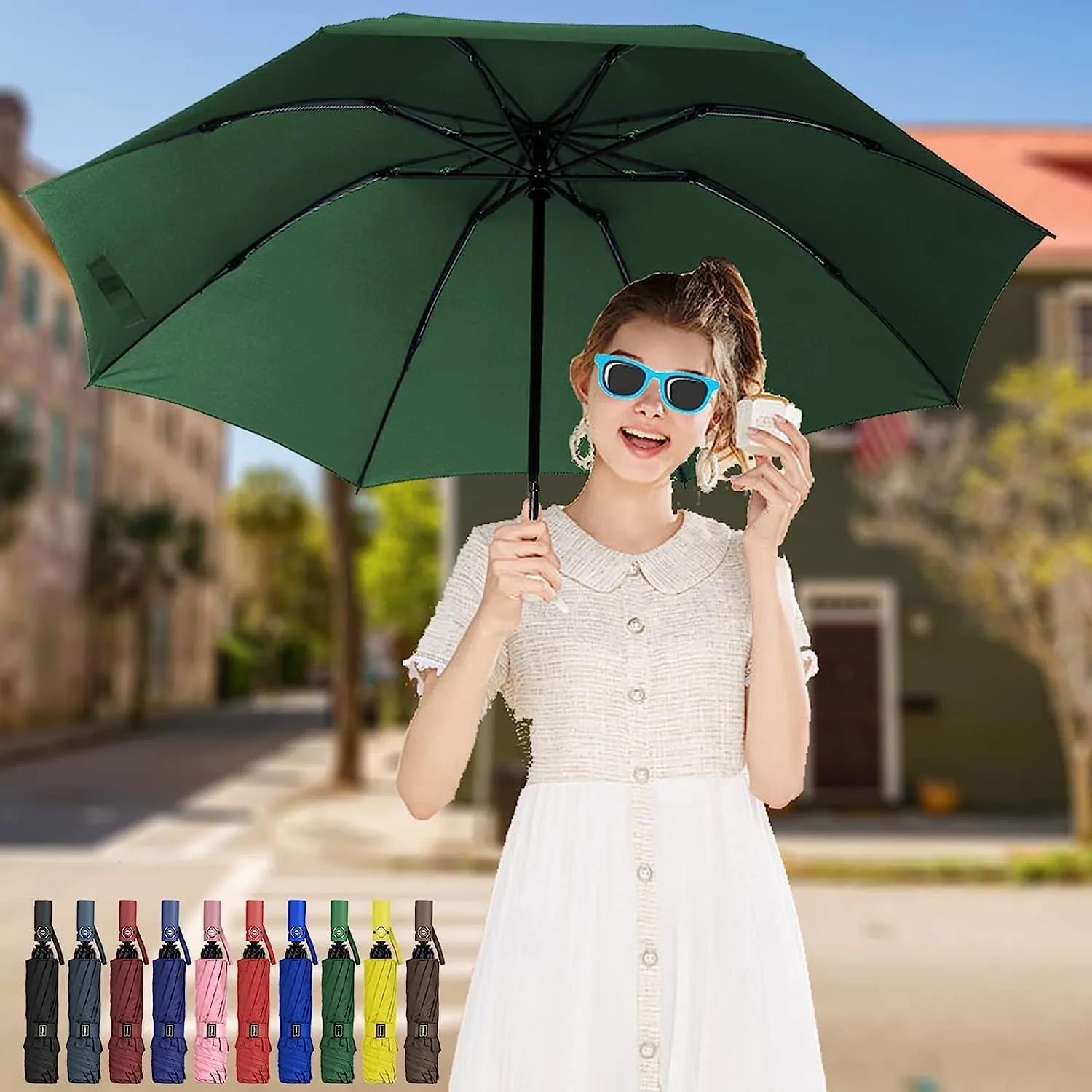 LANBRELLA Compact Reverse Folding Umbrella Auto Windproof Travel Umbrella