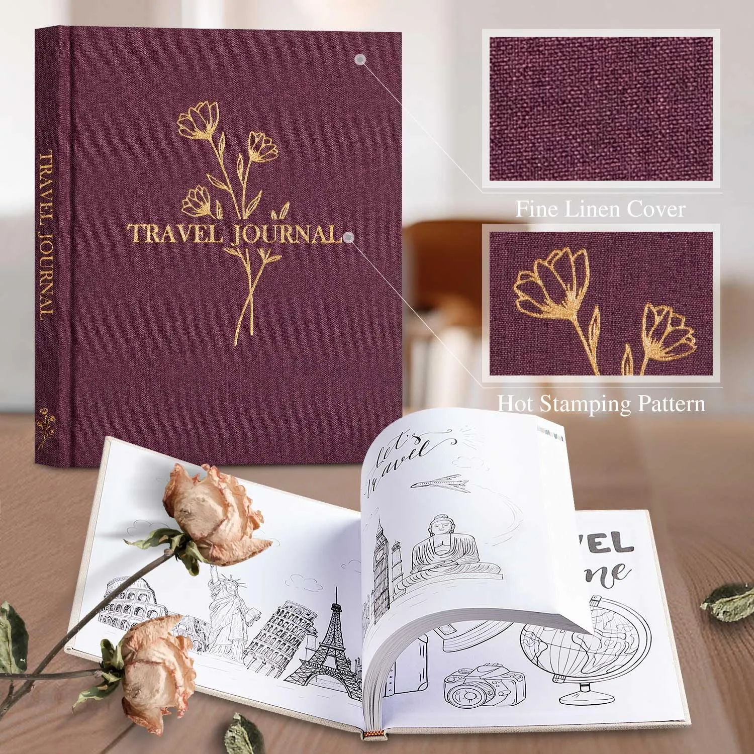 Lanpn Travel Photo Journal Notebook for Women Men, Linen Travel Log Diary Scrapbook Memory Book with Prompts, Anniversary Journals Traveling Gifts (Burgundy, 110 Pages)