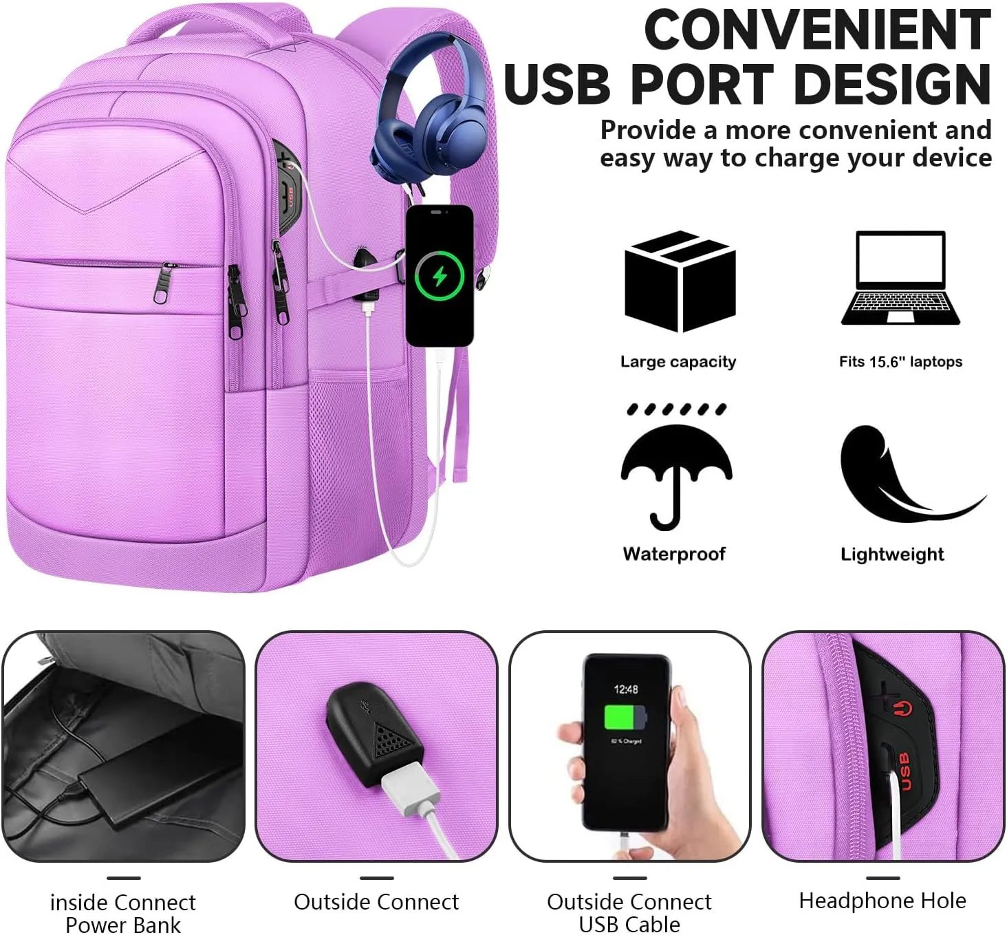Lapsouno Laptop Backpack, Travel Laptop Backpack, 15.6 Inch Carry on Backpack with USB Port, Anti Theft TSA Travel Bag for Women, College School Backpack for Women, Light Purple