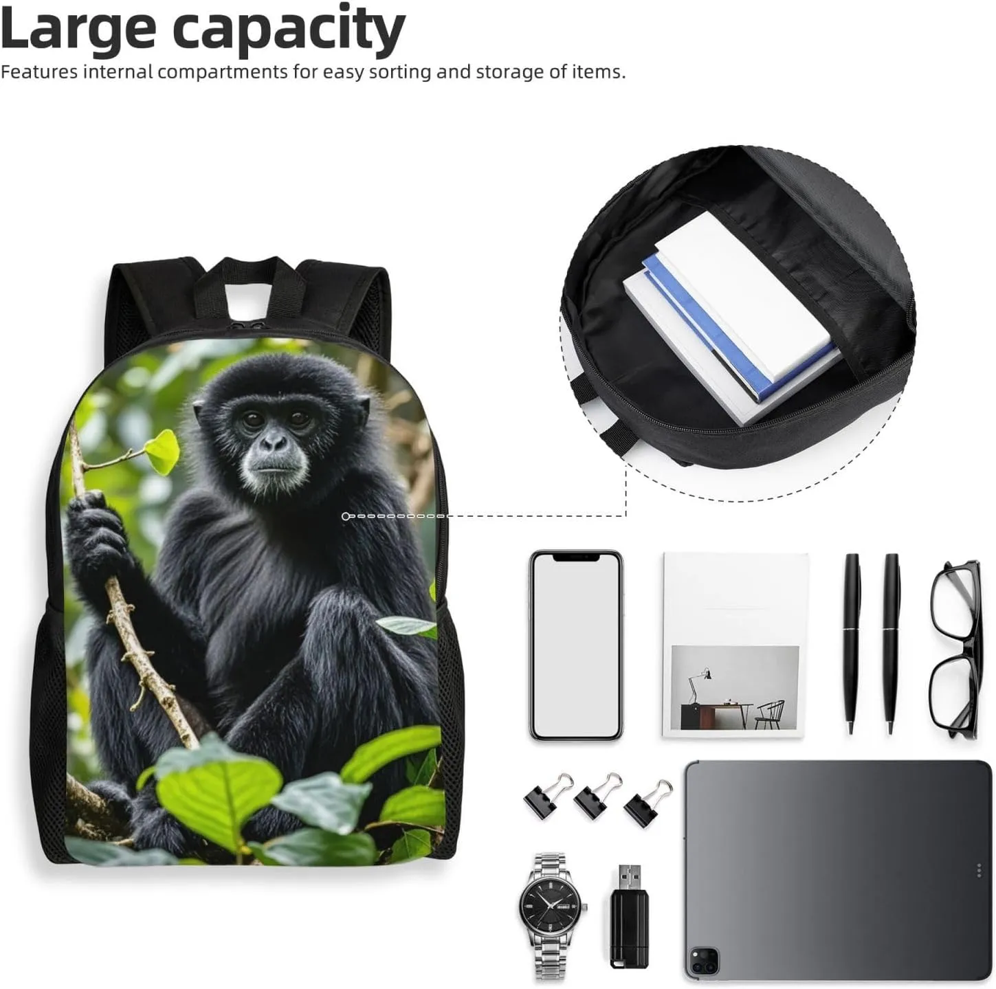 Laptop Backpack for Women Men Carry-on Backpack Black Gibbon Monkey Daypack Lightweight Travel Shoulder Bags