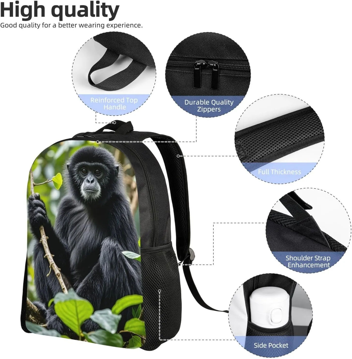 Laptop Backpack for Women Men Carry-on Backpack Black Gibbon Monkey Daypack Lightweight Travel Shoulder Bags