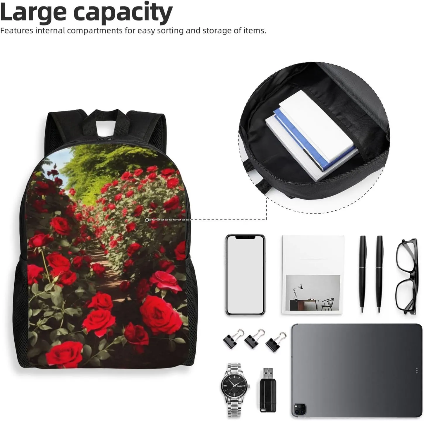 Laptop Backpack for Women Men Carry-on Backpack Red Rose Garden Daypack Lightweight Travel Shoulder Bags