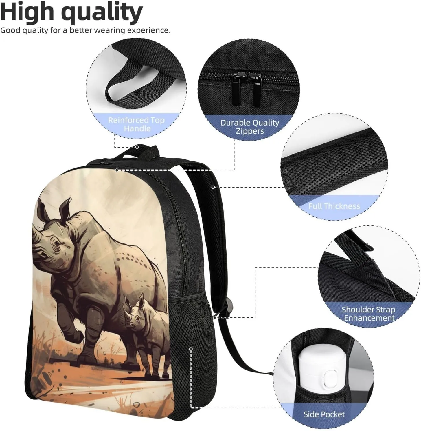 Laptop Backpack for Women Men Carry-on Backpack Rhinoceros in Comic Style Daypack Lightweight Travel Shoulder Bags
