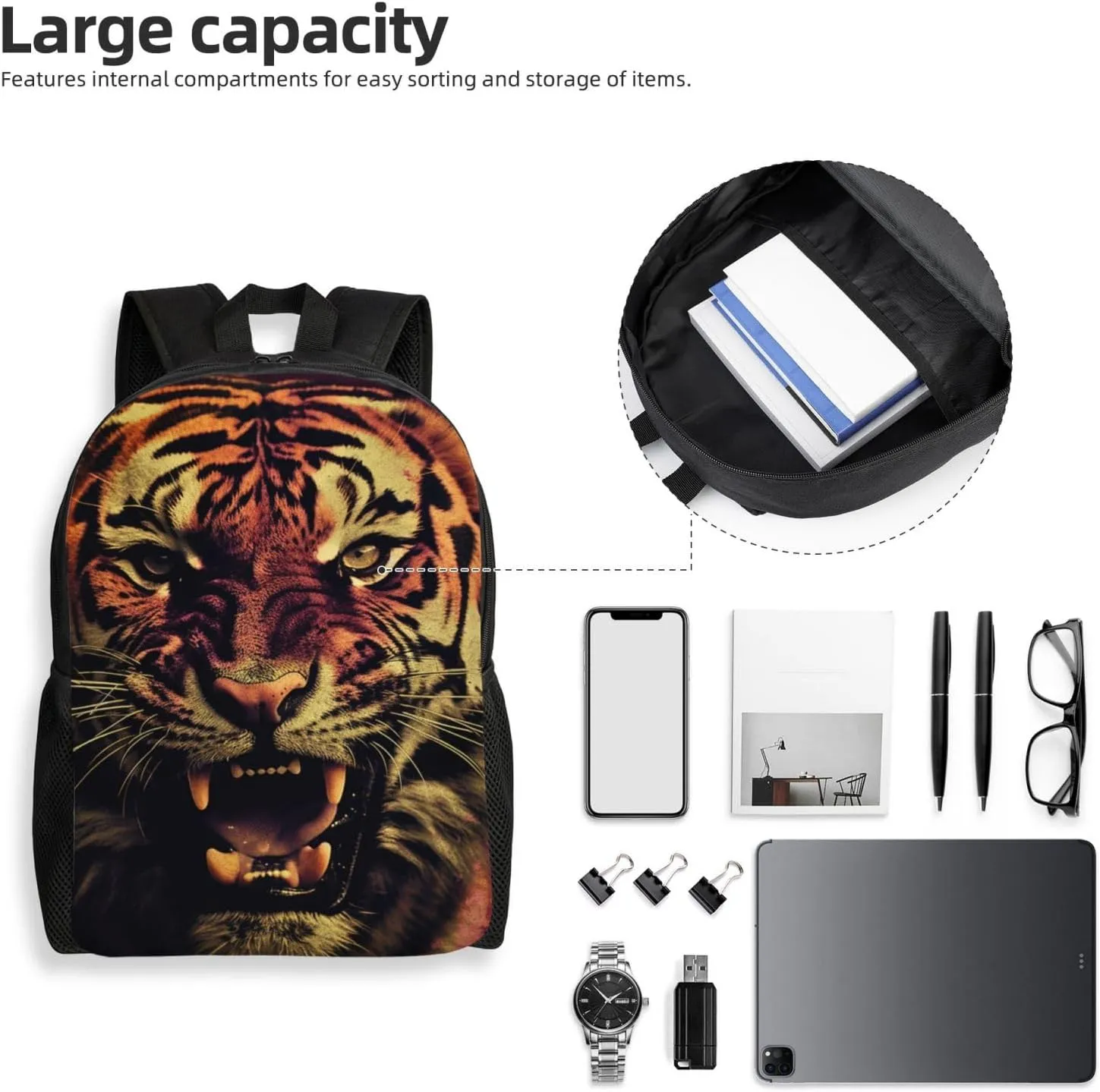Laptop Backpack for Women Men Carry-on Backpack Tiger with Eyes Open Daypack Lightweight Travel Shoulder Bags