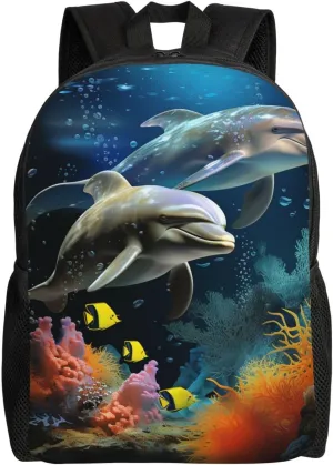 Laptop Backpack for Women Men Carry-on Backpack Two Dolphin and fish Daypack Lightweight Travel Shoulder Bags
