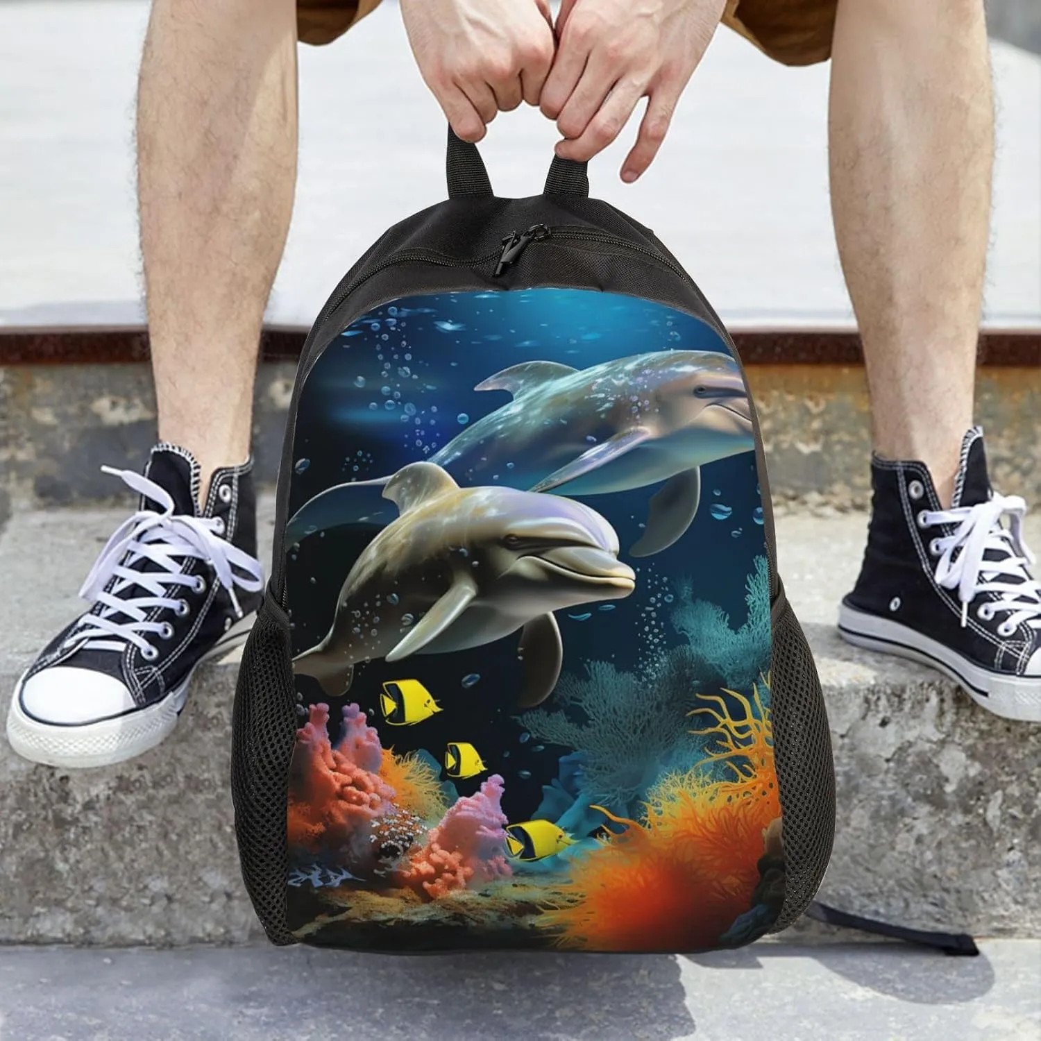 Laptop Backpack for Women Men Carry-on Backpack Two Dolphin and fish Daypack Lightweight Travel Shoulder Bags