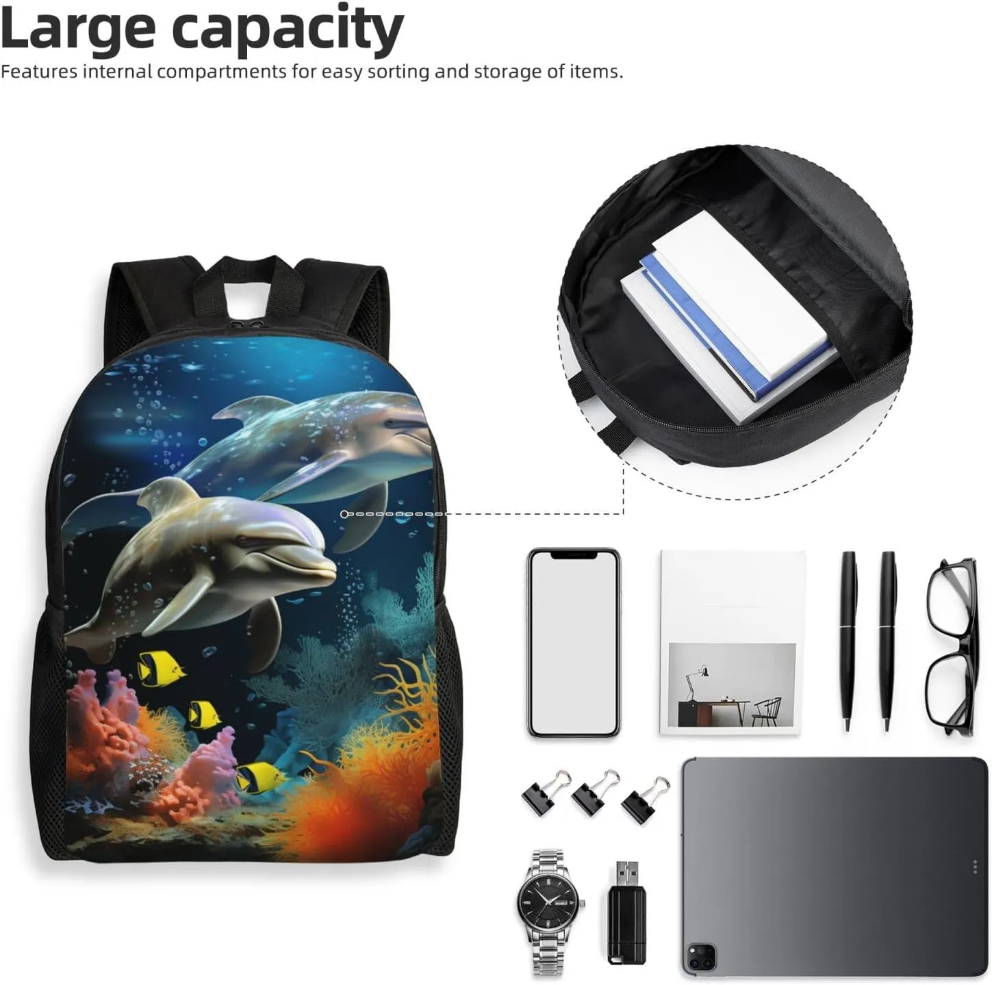 Laptop Backpack for Women Men Carry-on Backpack Two Dolphin and fish Daypack Lightweight Travel Shoulder Bags