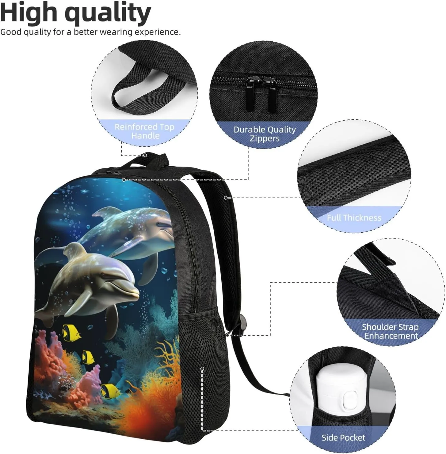 Laptop Backpack for Women Men Carry-on Backpack Two Dolphin and fish Daypack Lightweight Travel Shoulder Bags