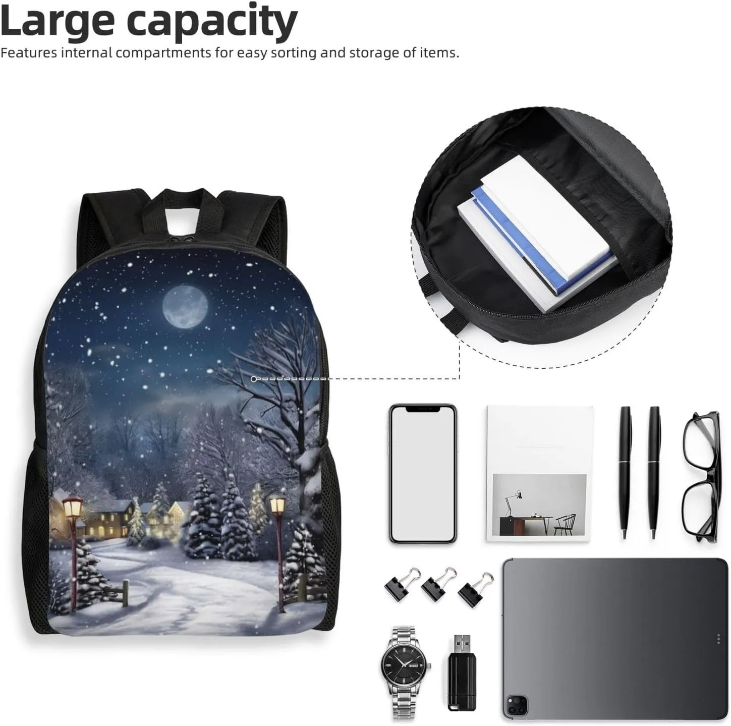 Laptop Backpack for Women Men Carry-on Backpack Winter Snowing Night Daypack Lightweight Travel Shoulder Bags