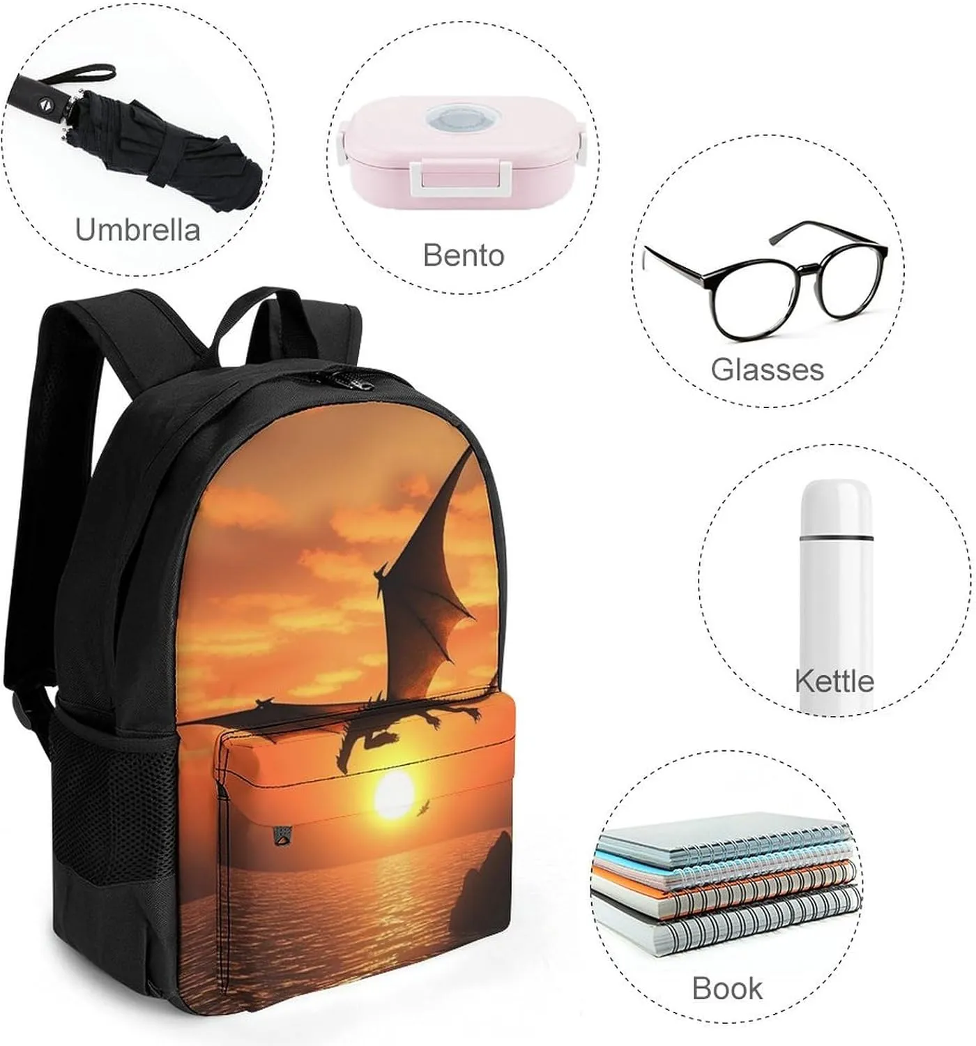 Laptop Backpack for Women Men Daypack Sea Sunset Flying Dragon Backpacks Computer Bag Travel Laptop Bag Casual Work Bag