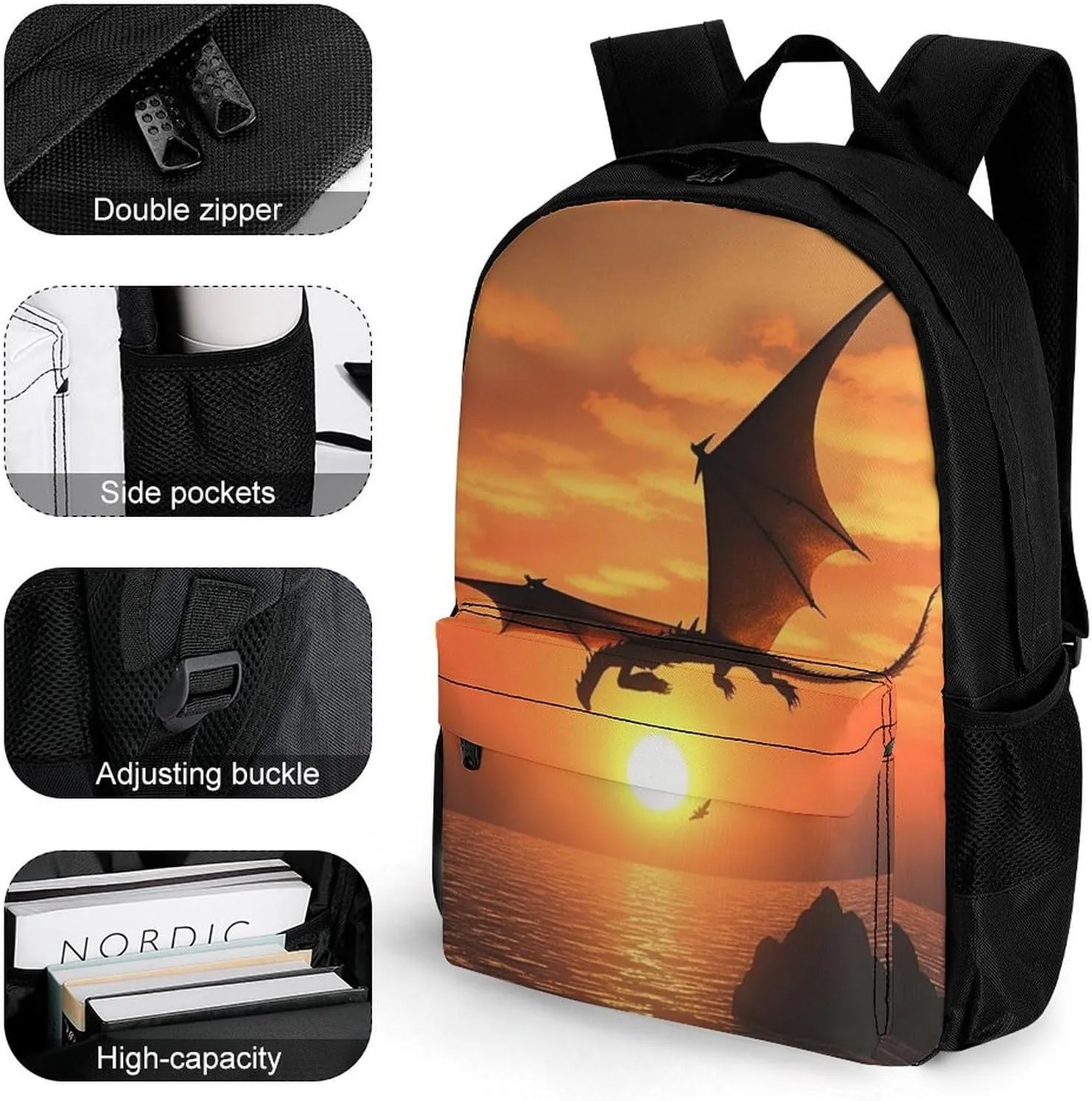 Laptop Backpack for Women Men Daypack Sea Sunset Flying Dragon Backpacks Computer Bag Travel Laptop Bag Casual Work Bag