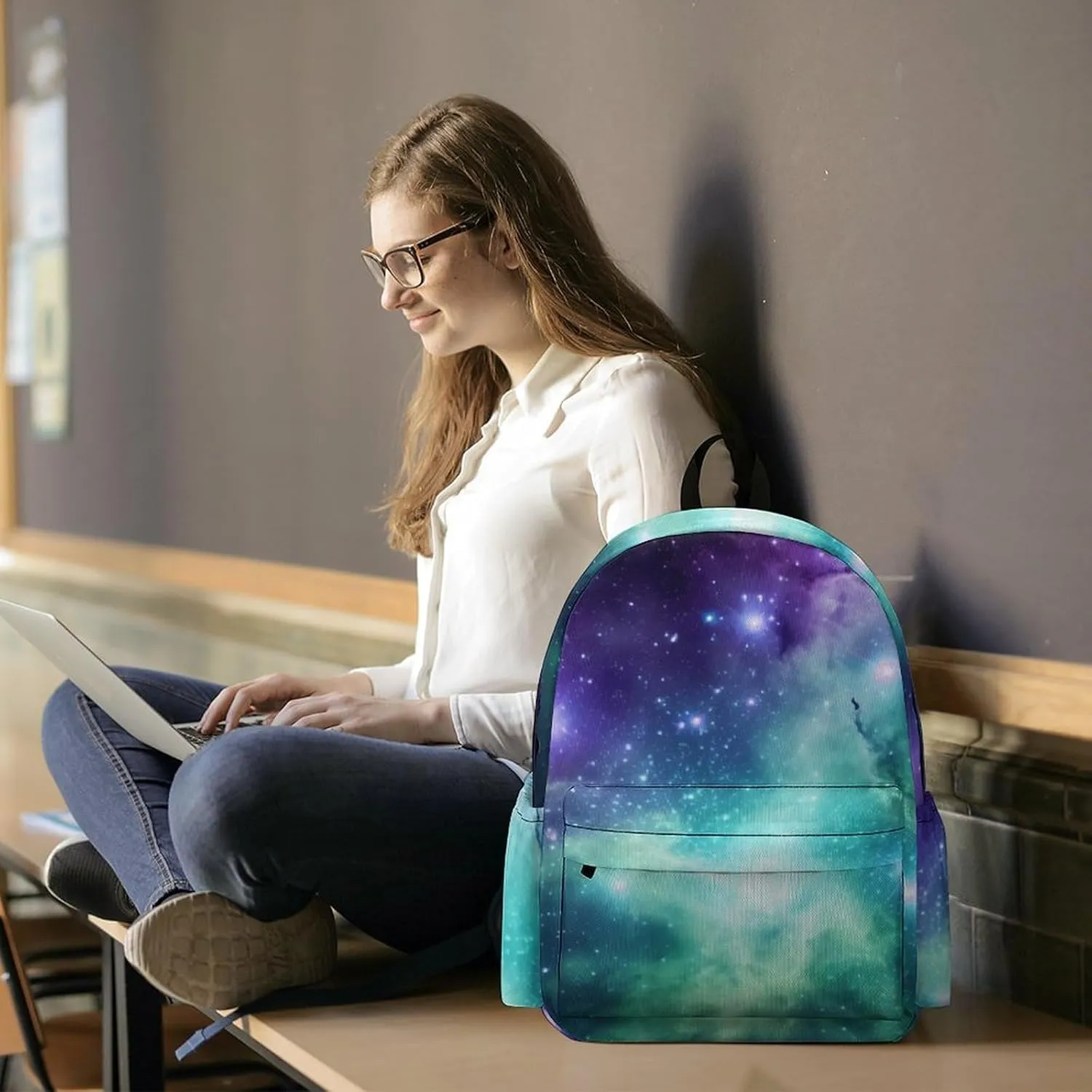 Laptop Backpack for Women Men Daypack Waterproof Green Blue Purple Galaxy Computer Bag Business Work Bag for Travel