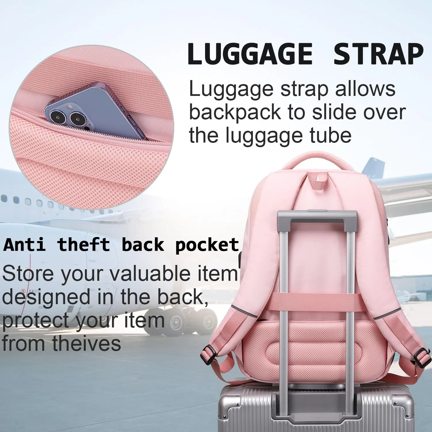 Laptop Backpack,Business Travel Anti Theft Slim Durable Laptops Backpack with USB Charging Port,Water Resistant College Computer Bag for Women & Men Fits 15.6 Inch Laptop and Notebook-Light Pink