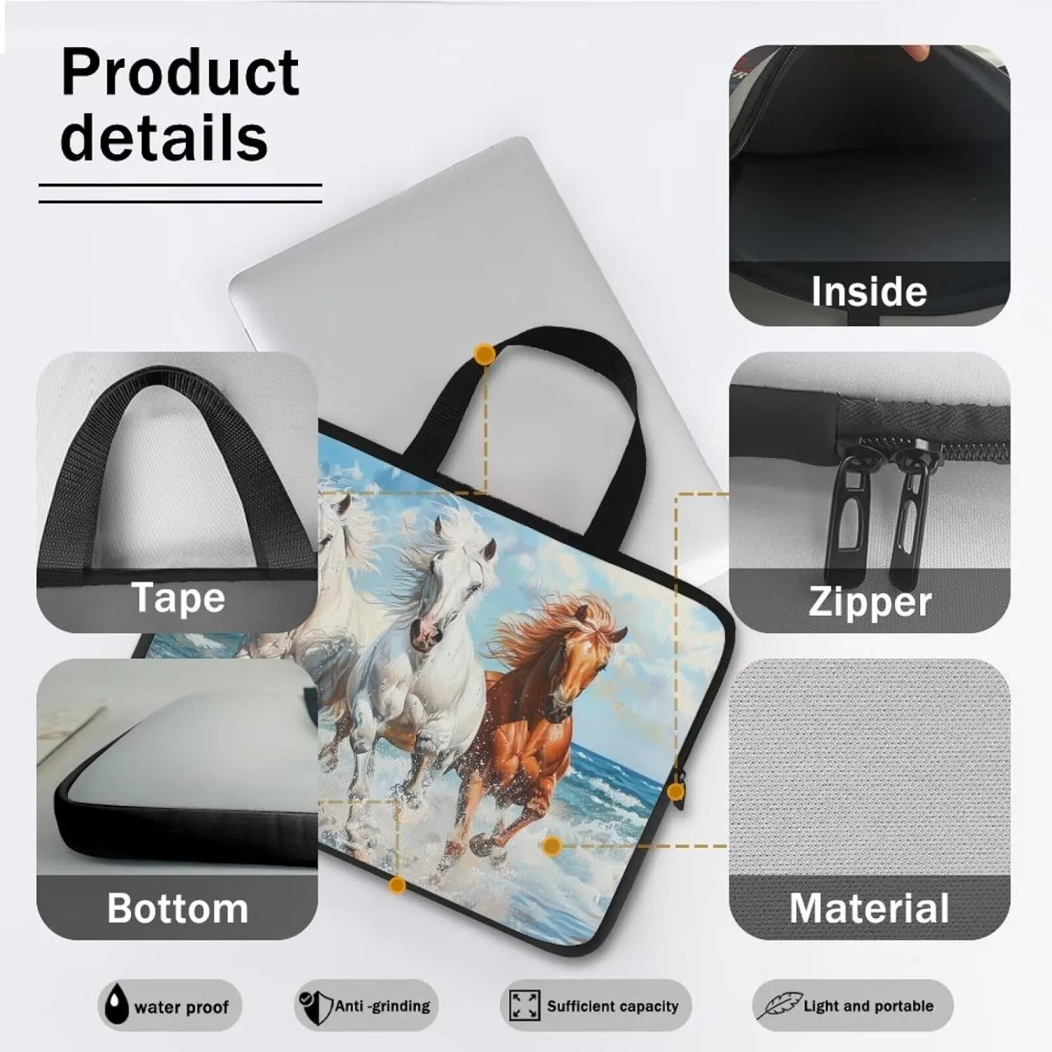 Laptop Bag 10-17 Inch Laptop Case Computer Carrying Case Laptop Sleeve Bag Customizable Pattern Running Horses