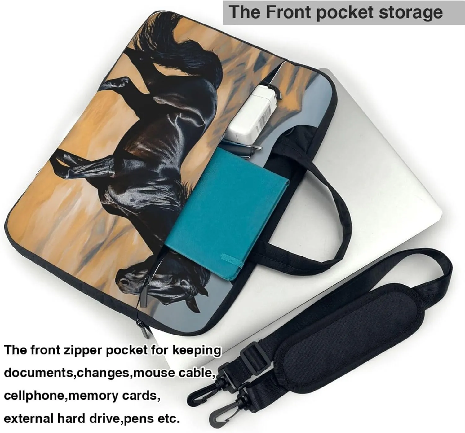 Laptop Sleeve Bag Shockproof Notebook Case Black Arabian Horse Computer Carrying Case with Shoulder Strap 14 inch