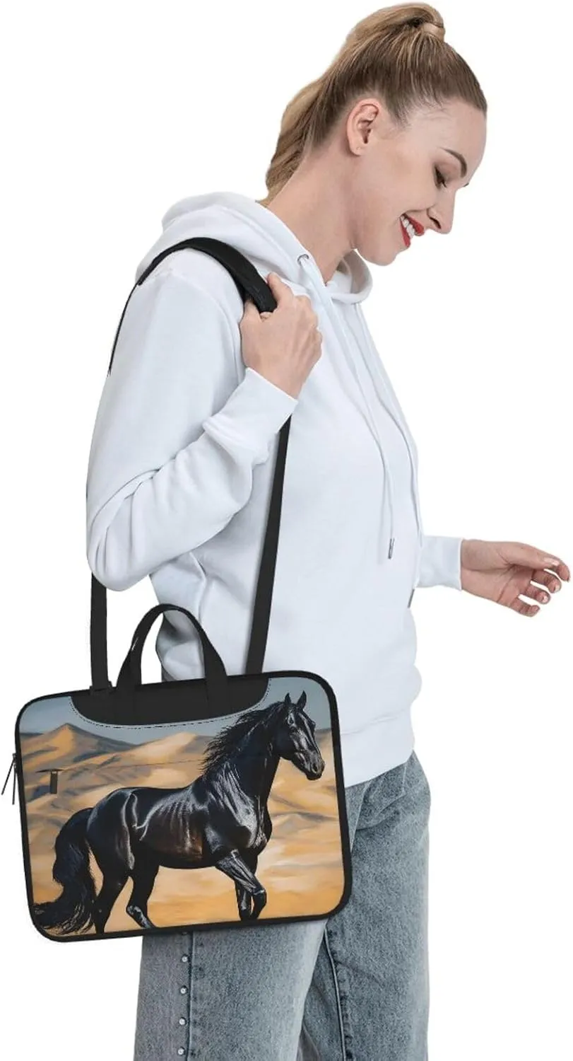 Laptop Sleeve Bag Shockproof Notebook Case Black Arabian Horse Computer Carrying Case with Shoulder Strap 14 inch