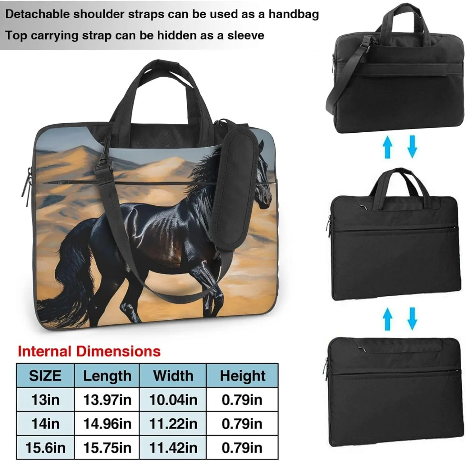 Laptop Sleeve Bag Shockproof Notebook Case Black Arabian Horse Computer Carrying Case with Shoulder Strap 14 inch