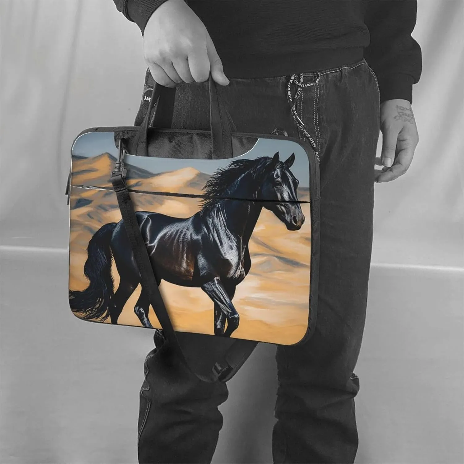 Laptop Sleeve Bag Shockproof Notebook Case Black Arabian Horse Computer Carrying Case with Shoulder Strap 14 inch