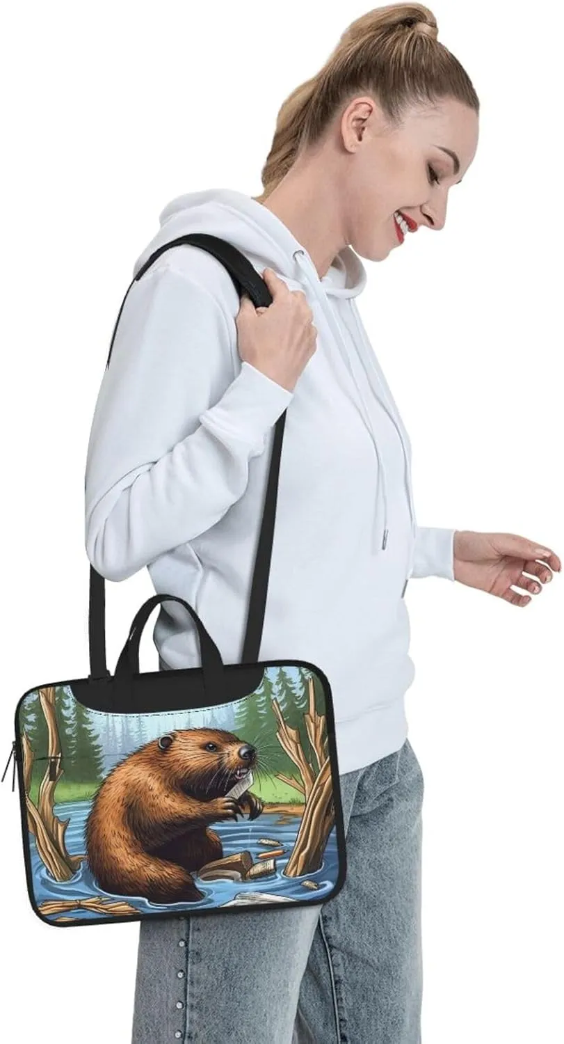 Laptop Sleeve Bag Shockproof Notebook Case Busy Beaver Cartoon Computer Carrying Case with Shoulder Strap 14 inch