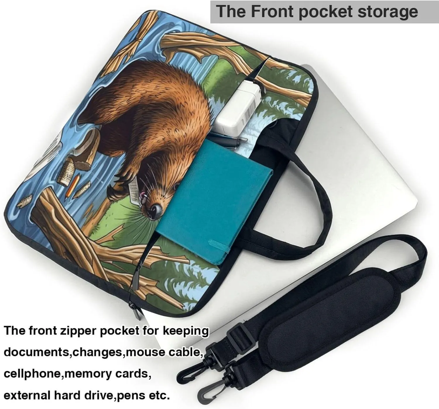 Laptop Sleeve Bag Shockproof Notebook Case Busy Beaver Cartoon Computer Carrying Case with Shoulder Strap 14 inch
