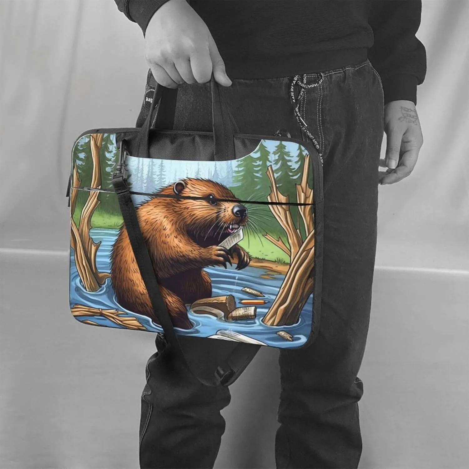 Laptop Sleeve Bag Shockproof Notebook Case Busy Beaver Cartoon Computer Carrying Case with Shoulder Strap 14 inch