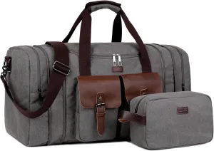 Large Canvas Travel Duffle bag Weekender overnight Bag Carry on bag for Men With Free Toiletry bag HB-23 (Grey)