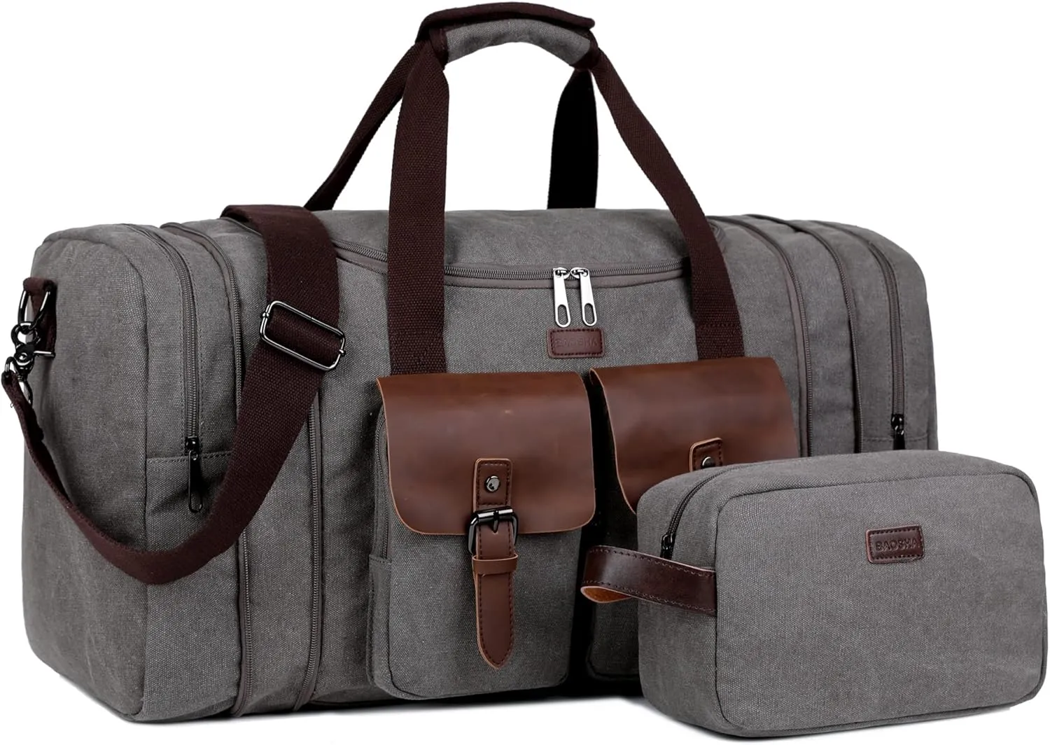 Large Canvas Travel Duffle bag Weekender overnight Bag Carry on bag for Men With Free Toiletry bag HB-23 (Grey)