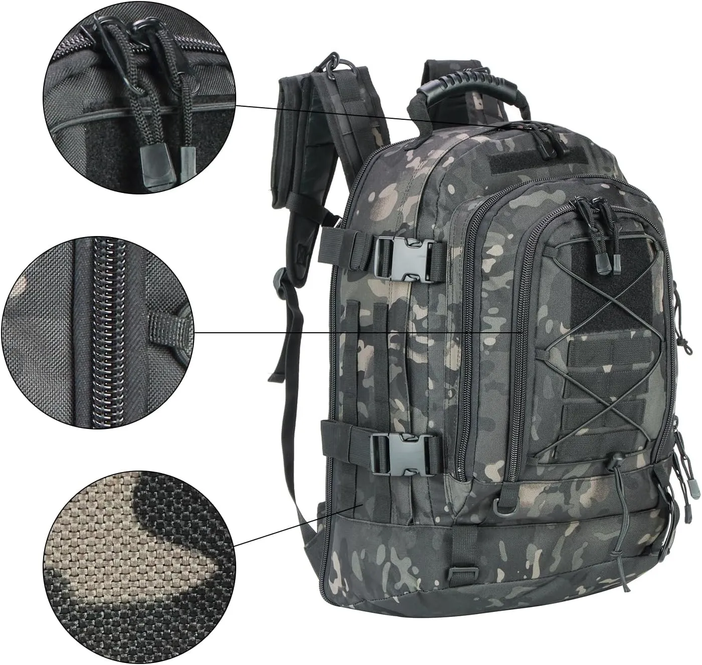 Large Tactical Backpack for Men Military Backpack with DIY System for Travel, Work,Camping,Hunting,Hiking,Sports (Night Camo)