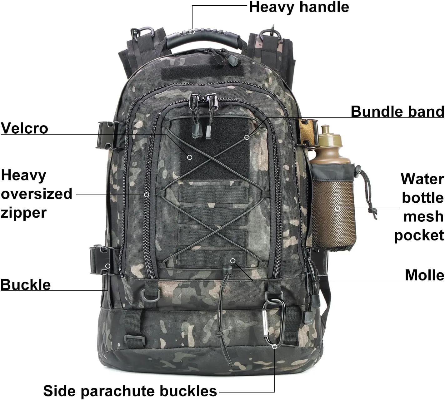 Large Tactical Backpack for Men Military Backpack with DIY System for Travel, Work,Camping,Hunting,Hiking,Sports (Night Camo)