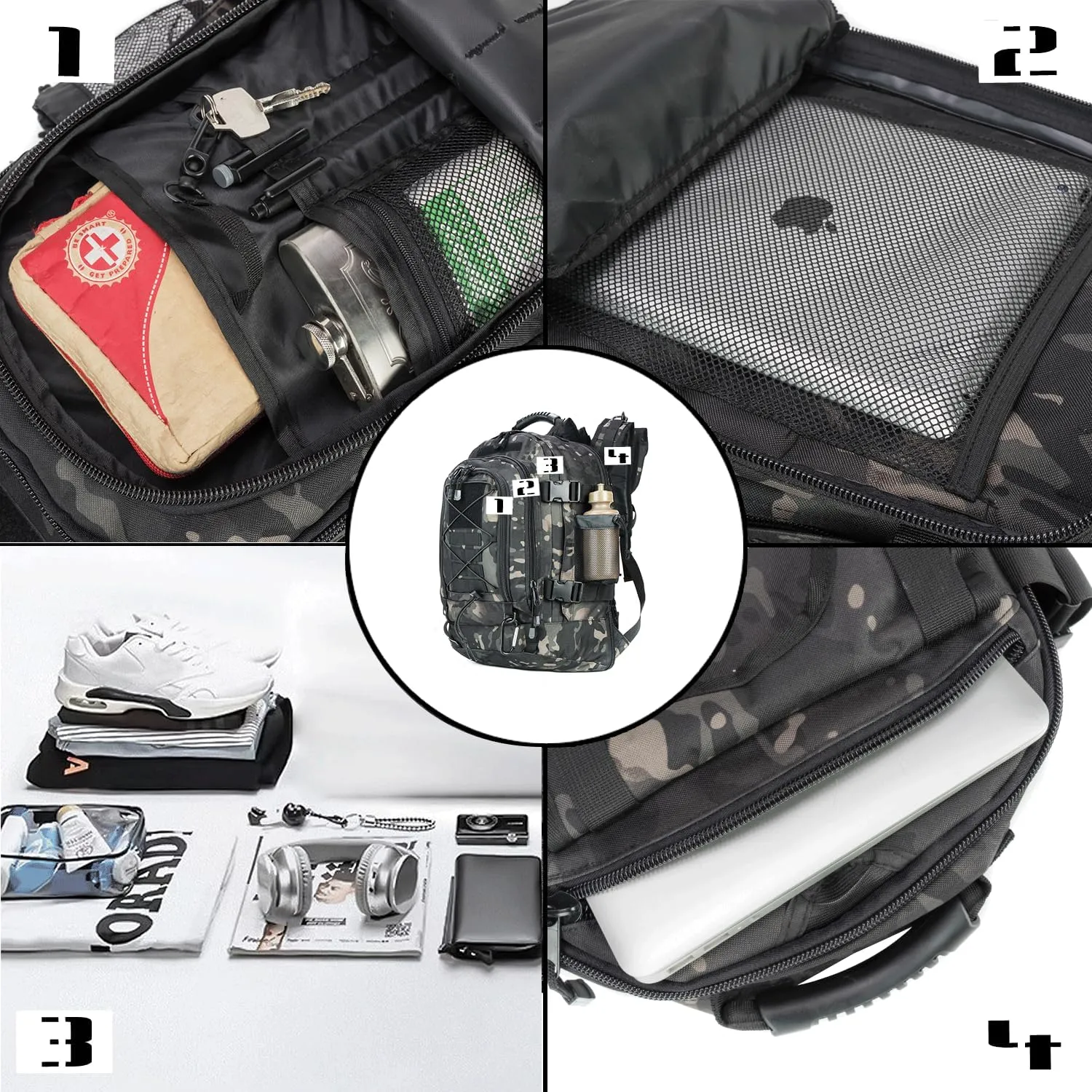 Large Tactical Backpack for Men Military Backpack with DIY System for Travel, Work,Camping,Hunting,Hiking,Sports (Night Camo)