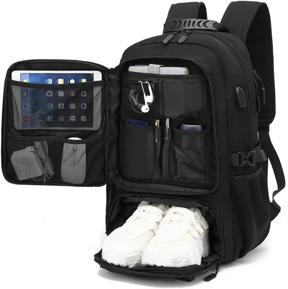 Large Travel Backpack with Shoe Compartment, Carry On Backpacks for Men, Laptop Backpack with USB Charging Port