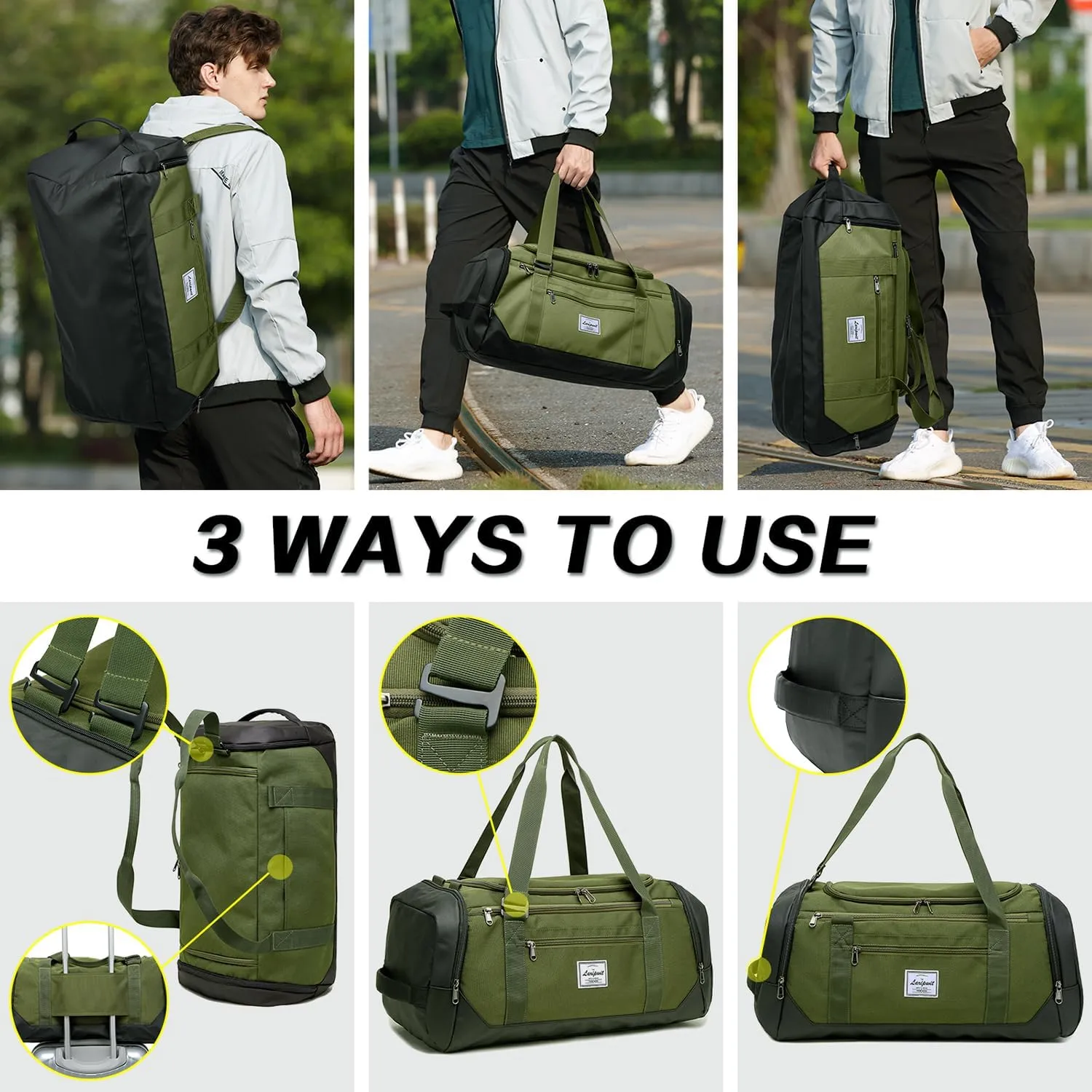 Laripwit Gym Bag Backpack for Men 40L Medium Sports Basketball Duffle Bag with Shoes Compartment & Wet Pocket, Travel Duffel Bag Backpacks for Weekender traveling, Womens Overnight Bag, Green